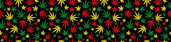 Rasta rechthoekige banner patroon naadloze achtergrond. Reggae Jamaicaanse sieraad. Marihuana blad. Rastafarian cannabis hennep sjabloon vulling. Vector Clipart. — Stockvector