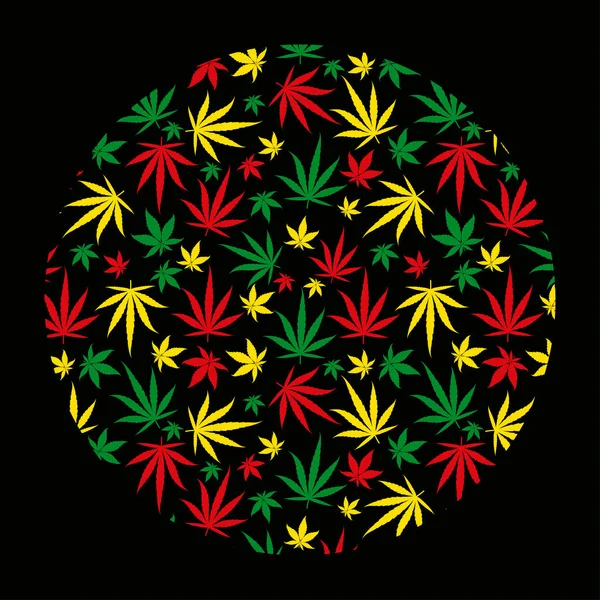 Rund Rasta mönster bakgrund. Cirkla Reggae jamaicansk prydnad. Marijuana blad. Rastafarian cannabis hampa mall fyllning. Vektor ClipArt. — Stock vektor