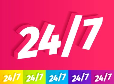 24-7 Simgesini açın. Pembeye beyaz tek kelime. Farklı renklerde bir dizi sarı yeşil mavi mor. 24 saat destek. Vektör renk illüstrasyon clipart.