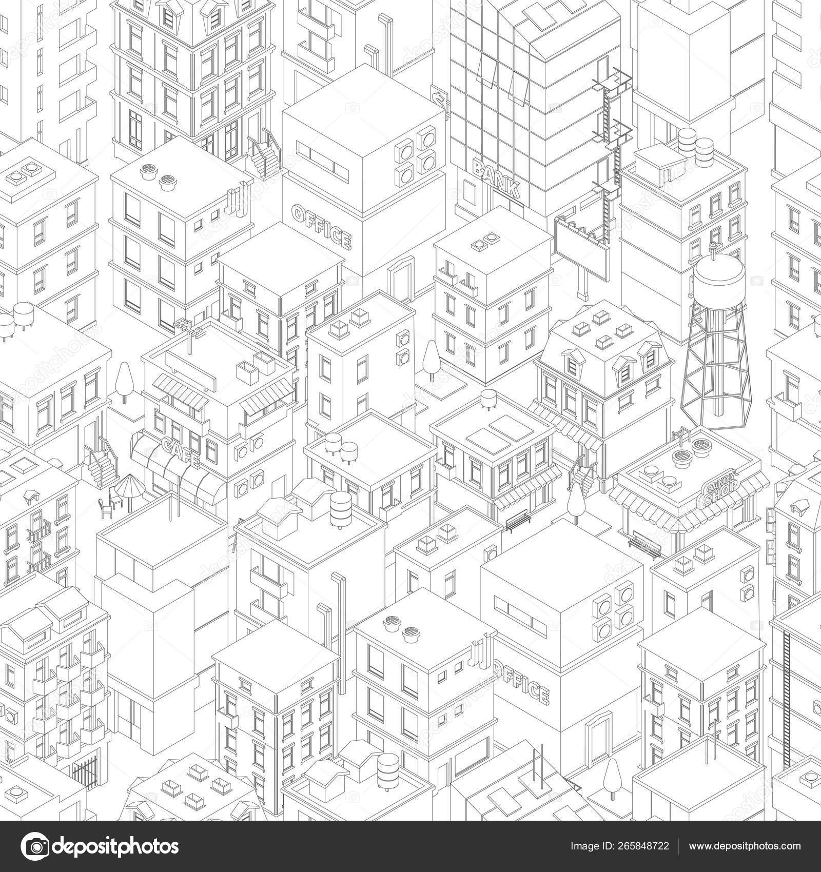 Buildings city seamless pattern. Isometric top view. Vector town city