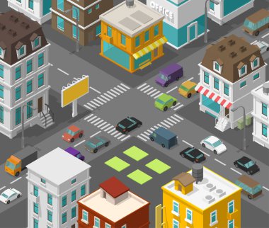 İyometrik şehir. Kasaba mahallesi caddesi. Yol Kavşağı yaya geçidinde reklam panosu. Vektör yüksek detay şehir projeksiyon görünümü. Arabalar son binalar üst görünümü.