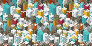 Buildings city seamless pattern. Isometric top view. Vector town city street. Multi-colored style rectangular background. Highly detailed. clipart