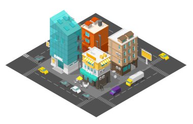 Şehir sokak kafe ve banka. Town ilçe mahallesi Isometric yol 3d. Arabalar binaların üst görünümü sona erer. Vektör çizimi.