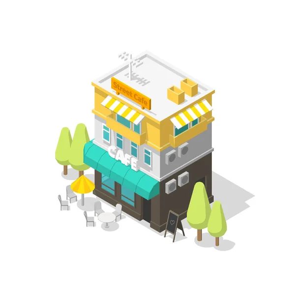 Café de rue isométrique. Café seul bâtiment. Maison de maître de deux étages. Vitrine panneau d'entrée, arbres. Illustration vectorielle . — Image vectorielle