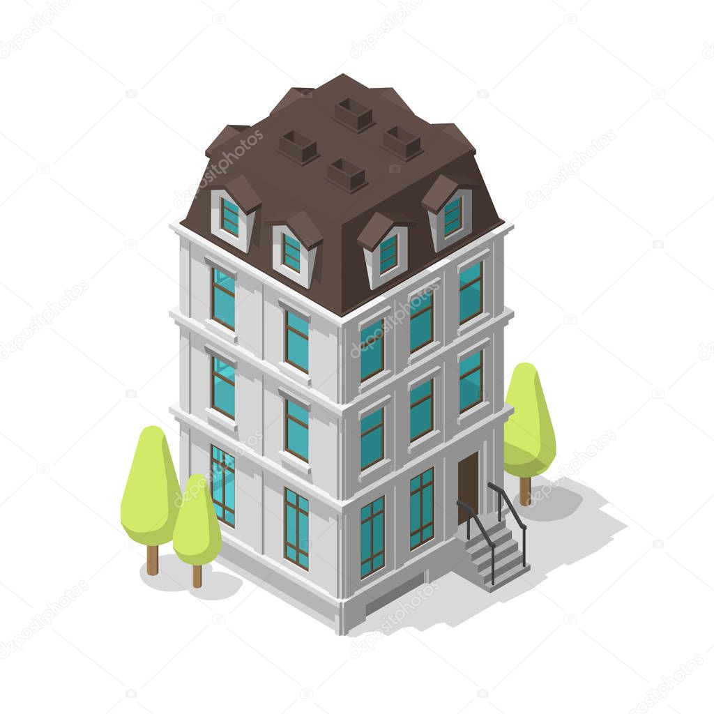 One single common building. Residential dwelling-house. Two-storey mansion. Classic style architecture. Vector Isometric illustration.