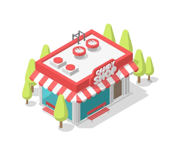 Isometric pink candy shop. Street cafe. Coffee shop single building small kiosk. Showcase entrance signboard, trees. Vector illustration. — Stock Vector