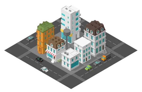 Város utcai negyed kerület izometrikus út körül. Autók vége épületek felülnézetben 3D. Vektoros illusztráció. — Stock Vector