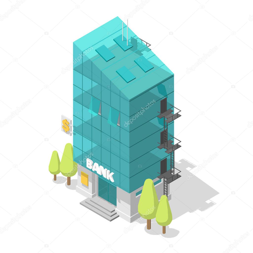 Single bank building. Glass facade suite apartments. Staircase black exit. Modern style architecture. Vector Isometric illustration.