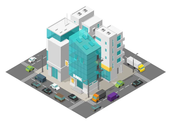 Distrito de City Street. Cidade isométrica e estrada ao redor. Tráfego de carros e edifícios 3d. Banca edifício suíte apartamentos. Ilustração vetorial . — Vetor de Stock