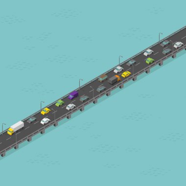 İzometrik köprü yolu. Orta trafik. Uzun yükseltilmiş otoyol. Nehir üzerinde köprü. Vektör çizimi.