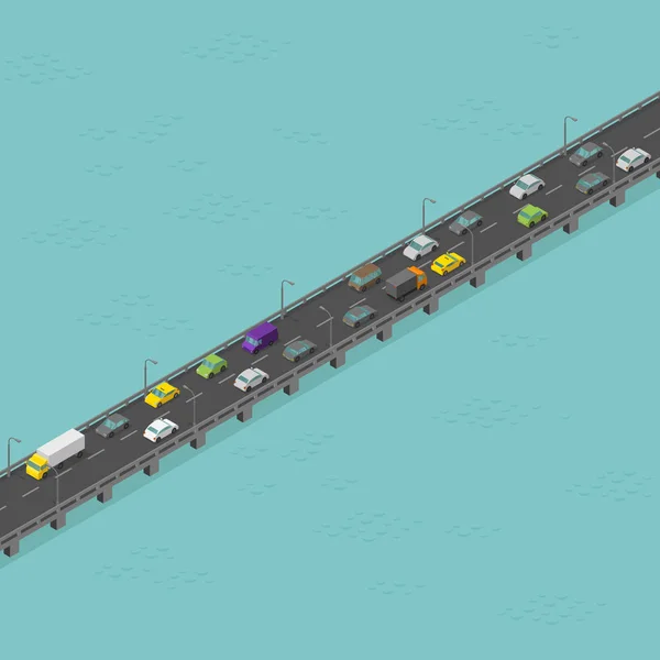 Camino de puente isométrico. Tráfico medio. Larga carretera elevada. Puente sobre el río. Ilustración vectorial . — Vector de stock