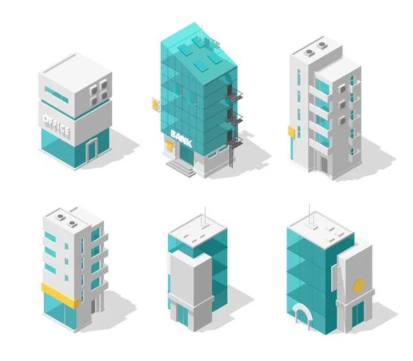 Buildings city set. Isometric top view. Separate vector town houses. Shop street cafe, offices and bank, residential buildings are different types. — Stock Vector