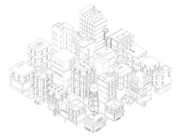Городская улица. Здания Изометрический вид сверху. Контурный вектор контура серых линий
.