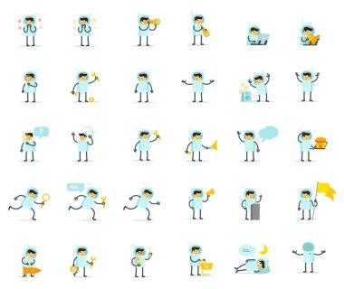 Astronot veya uzay adamı büyük set karakteri. Uzay giysisi bohçası giyen adam. Koleksiyon çizimleri. Farklı durumlar. Mars'ın sömürgeleştirilmesi.