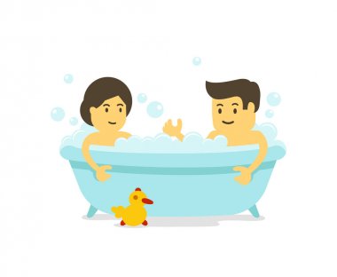 Bir erkek ve kadın birlikte banyo yapar. Banyoda duş. Banyo zamanı. Romantik bir rahatlama. Karikatür tarzı.