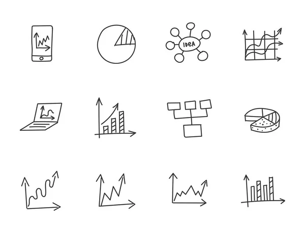 Diagram och diagram. Idéer och processer. School of Business ikoner skiss Ställ in dispositions linje ritning för hand. Handritad samling vektor. På en svart bakgrund. — Stock vektor