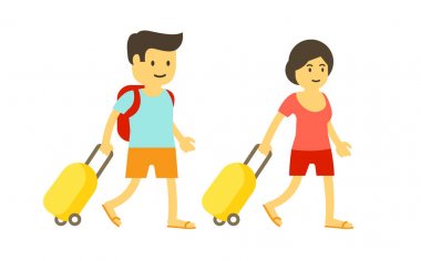 Kadın ve adam tatile gider. Tatile birkaç turist. Tekerlekli Bavul, yaz seyahati. Karikatür tarzı.