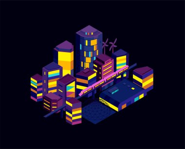 Gece şehir ikometrik manzara. Modern mimari, binalar, gökdelenler. Tren demiryolu metro tren geçiş. Akşam veya gece.