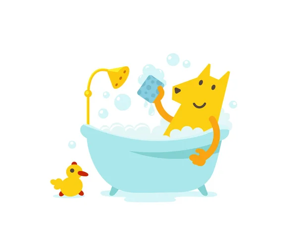 Yellow dog grooming. Hygiene Cute dog taking a Canine bath. Vector cartoon style illustration