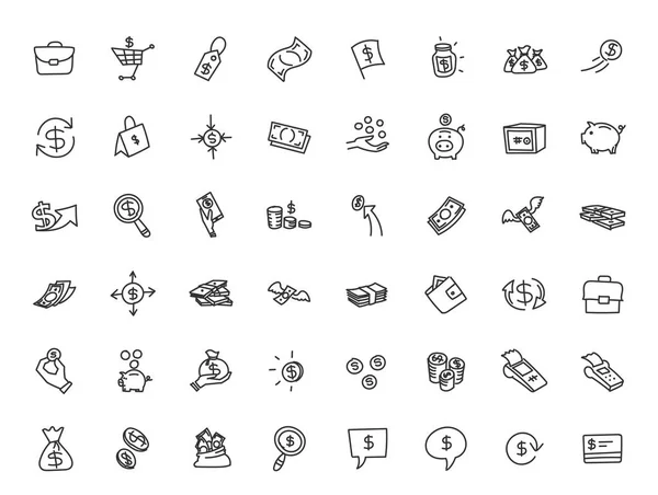 Money and finance. Set of icons. Drawn by hand. Line style hand drawn sketched. Outline contour vector illustration. — Stock Vector