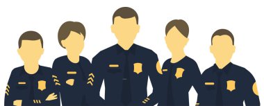 Polis ekibi. Bir grup polis. Yatay baş afiş. Üniformalı kadınlar ve erkekler. Kanun ve düzen. Kanun uygulayıcı memurlar. Düz vektör.
