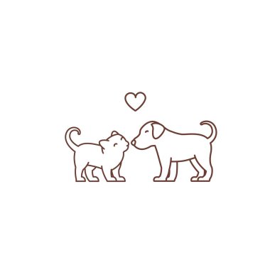 Kitten öpücük köpek logosu veya simgesi. Türlerin dostluk. Aşk ve kalp. Kedi ve köpek. Evcil hayvan dükkanı. Anahat kontur çizgi vektör illüstrasyon.