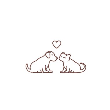 Kitten öpücük köpek logosu veya simgesi. Türlerin dostluk. Aşk ve kalp. Kedi ve köpek oturduğunda. Anahat kontur çizgi vektör illüstrasyon.
