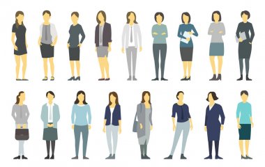 Büyük set iş kadın. Bayan yönetimi. İş kadınları ayakta. İş ortaklığı liderliği. Kadın elbise Kanunu. İş kıyafetinde kadınlar. Vektör düz.