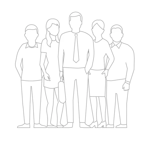 En grupp människor, arbetare team. Lagarbete. Arbeta partnerskap ledarskap. Män och kvinnor i näringslivet. Vektor illustration för kontur konturlinje. — Stock vektor