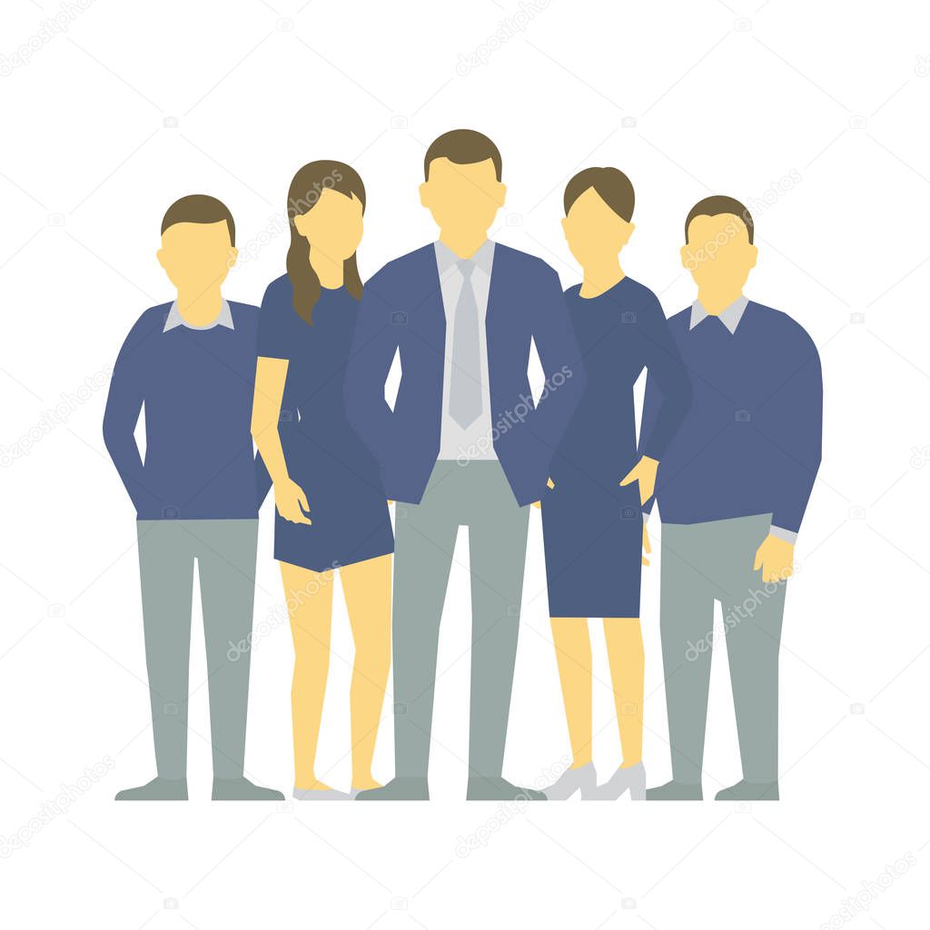 A group of people, workers team of businessmen. Teamwork. Work partnership leadership. Men and women in business Blue clothes. Dress code. Vector flat.