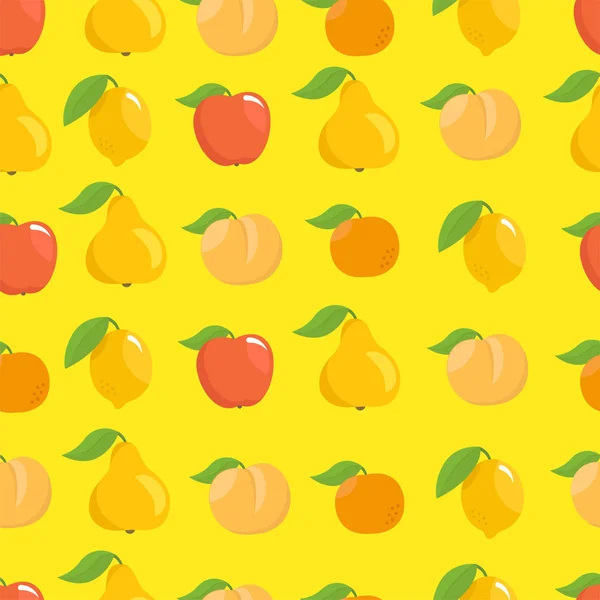 Фрукты создают бесшовный фон. Яблоко, персиковый и лимонный мандарин и груша. На желтом фоне — стоковый вектор