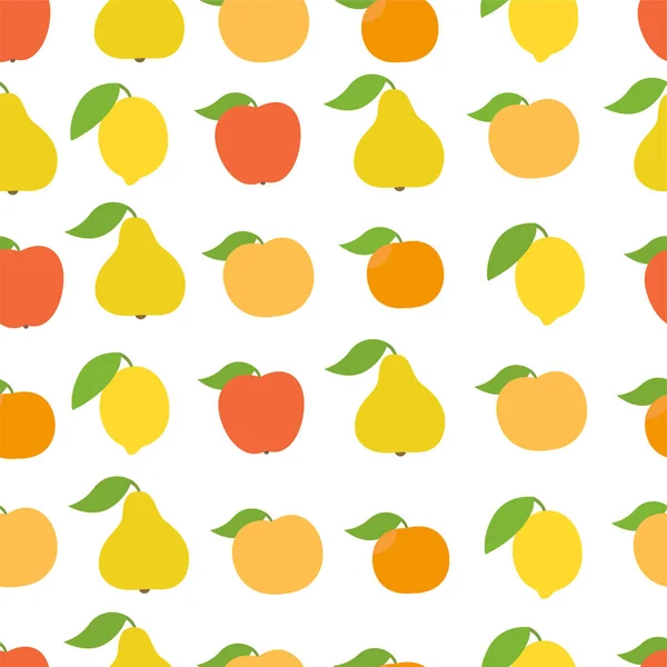 Früchte nahtlose Muster Hintergrund. Apfel, Pfirsich und Zitrone Mandarine und Birne. Vollfarbige Vektor-Illustration. — Stockvektor