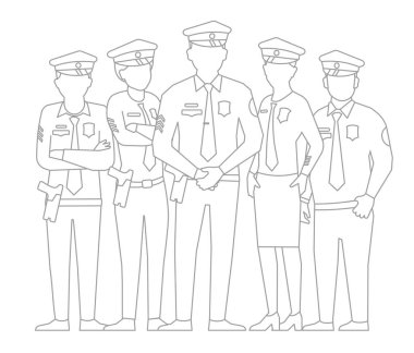 Polis ekibi. Bir grup polis. Üniformalı kadınlar ve erkekler. Kanun uygulayıcı memurlar. Anahat kontur hattı vektör çizimi.