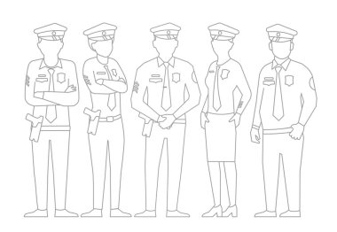 Polis ekibi. Bir grup polis. Üniformalı kadınlar ve erkekler. Kanun ve düzen. Kanun uygulayıcı memurlar. Anahat kontur hattı vektör çizimi.