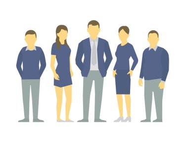 Bir grup insan, iş adamının işçi ekibi. Takım çalışması. İş ortaklığı liderliği. İş içinde erkekler ve kadınlar mavi kıyafetler. Kıyafet Kanunu. Vektör düz.