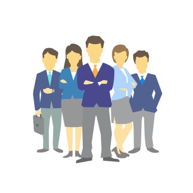 Bir grup insan, işçi işadamlarından oluşan bir ekip. Takım çalışması. İş ortaklığı liderliği. İş kıyafetleri giyen kadın ve erkekler. Vektör düz.