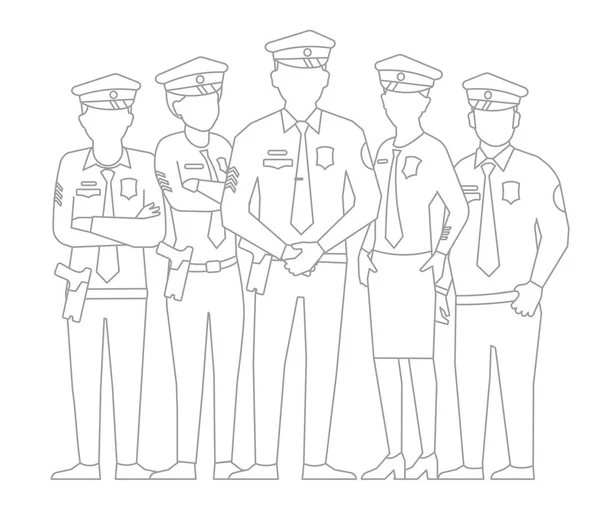 Equipo de policía. Un grupo de policías. Mujeres y hombres de uniforme. Oficiales de policía. Esquema contorno línea vector ilustración . — Vector de stock