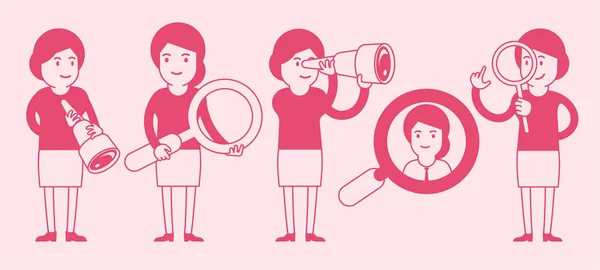Ragazza con una lente d'ingrandimento. Perquisizione donna impostata. Silhouette di colore rosa. Trovare con cannocchiale. Illustrazione vettoriale . — Vettoriale Stock