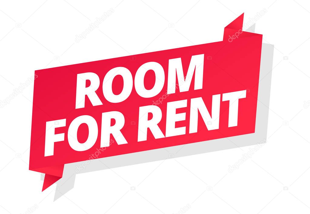 Room for rent. Word on red ribbon headline. Red tape text title. Real estate property rental. Vector color Illustration flat clipart.