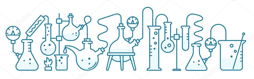 Chemistry science horizontal banner. Education lab background. The production of chemicals. Laboratory research experiments. Outline contour blue line vector.