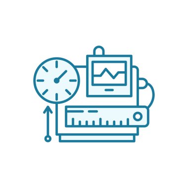 Ölçüm ekipmanı miktar cihazları. Cetvel, saat elektrik momentumu. Laboratuvar araştırma deneyleri. Anahat kontur mavi çizgi.