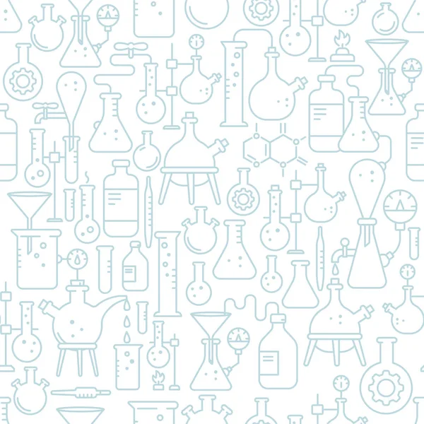Laboratory research equipment seamless pattern background. Chemistry science. Outline contour light coloured line. — 图库矢量图片