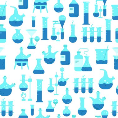 Kimya ekipman sorunsuz desen arka plan. Kimyasalların bilim üretimi. Laboratuvar araştırmaları. Tıbbi testler.