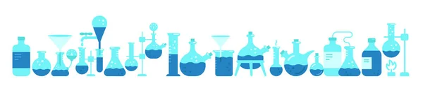 Kimya bilimi yatay afiş. Mavi kimyasallar. Laboratuvar araştırmaları. Tıbbi testler. — Stok Vektör
