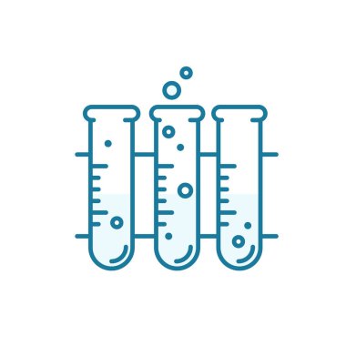 Kimyasal reaktörlü mataralar. Kimya bilimi, test tüpü ikonu. Eğitim laboratuarı ekipmanları. Dış hat mavi çizgisi.