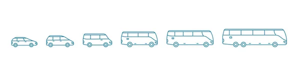 El tamaño de la variación del autobús. Transferencia. Transporte de personas. Elige tu transporte. Cantidad de pasajeros coches. contorno contorno azul línea vector . — Archivo Imágenes Vectoriales