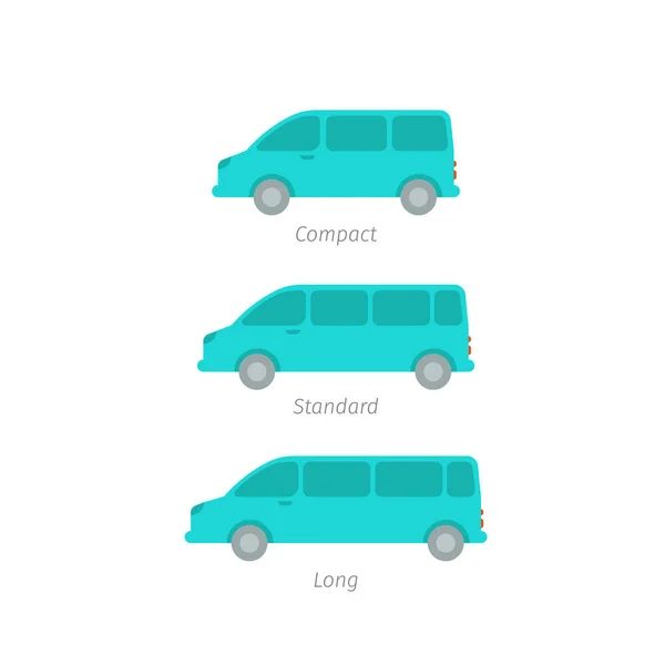 El tamaño de la minivan. Variación de minibús de transferencia. Compacto estándar largo. Transporte de personas. Cantidad de pasajeros coches. Iconos de vector azul . — Archivo Imágenes Vectoriales