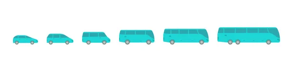 La dimensione della variazione del trasferimento in autobus. Trasporto di persone. Scegli il tuo trasporto. Quantità autovetture passeggeri. Set icone vettoriali blu . — Vettoriale Stock