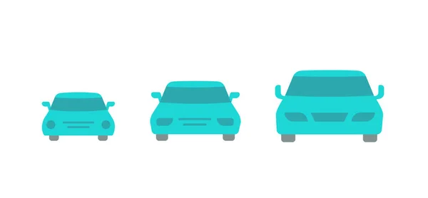 Tamaño del coche. Pequeño, mediano y grande. Variación de transferencia. Opciones de taxi. Vista frontal. Iconos de vector azul . — Archivo Imágenes Vectoriales