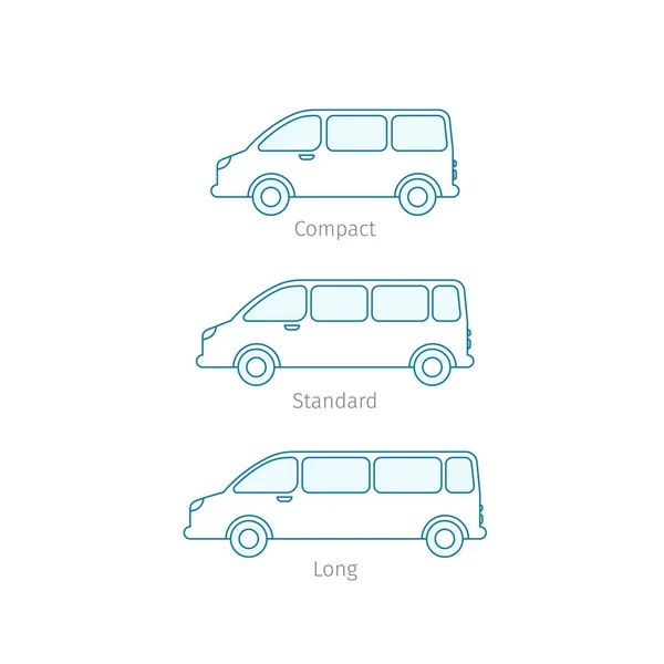 Le dimensioni del minivan. Trasferimento minibus variazione. Standard compatto lungo. Trasporto di autovetture. contorno contorno blu linea vettoriale . — Vettoriale Stock